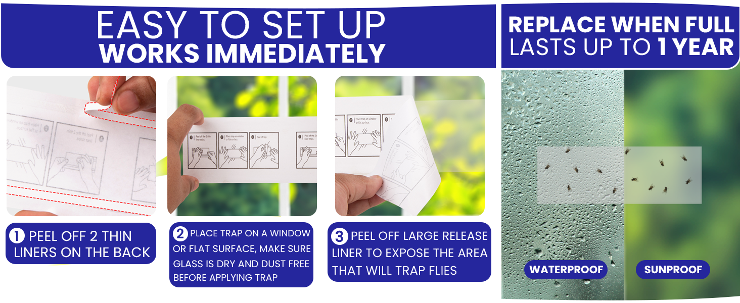 Easy to set up sticky fly traps for indoors. Work immediately. Replace after 1 year or when full.