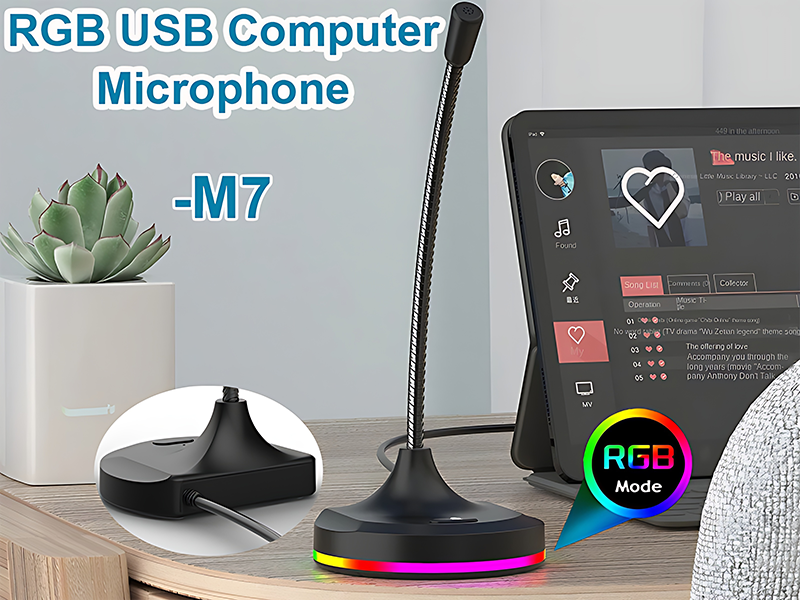 M7 USB Computer Microphone with Mute Button and RGB Lighting,Plug&amp;amp;Play Mic
