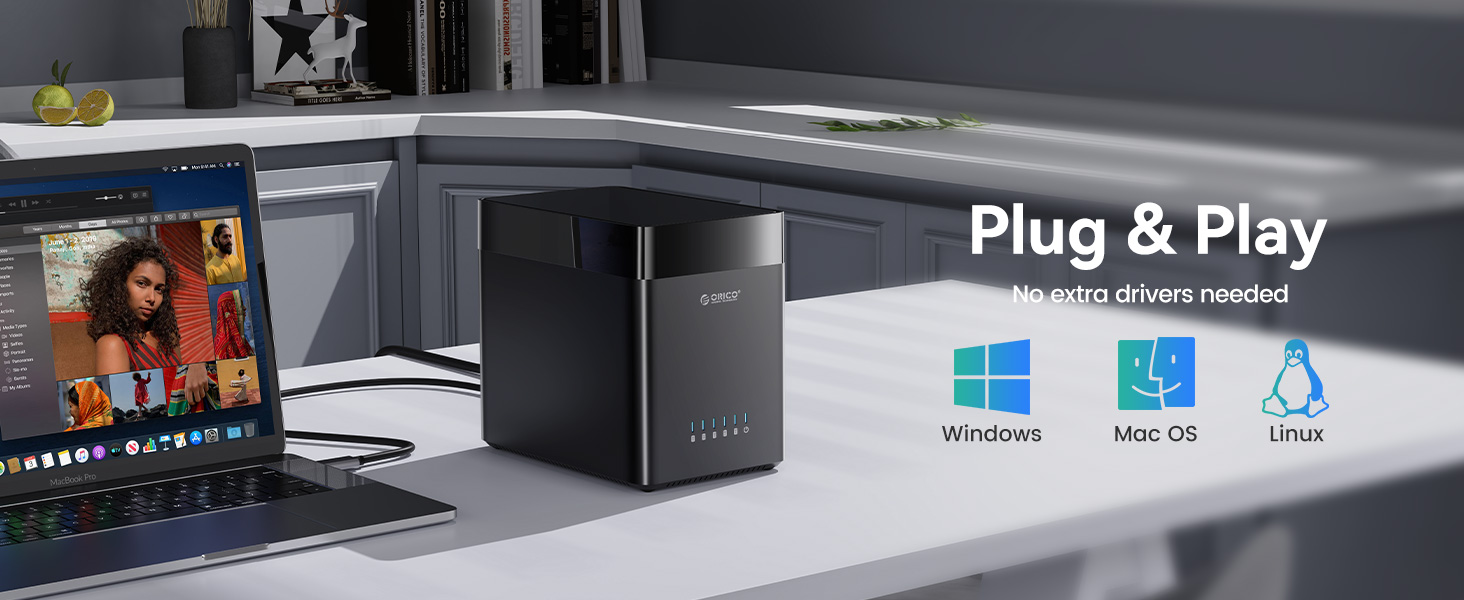 Black compact electronic device labeled 'Plug &amp; Play' with compatibility icons for Windows, Mac OS, and Linux. No drivers needed.