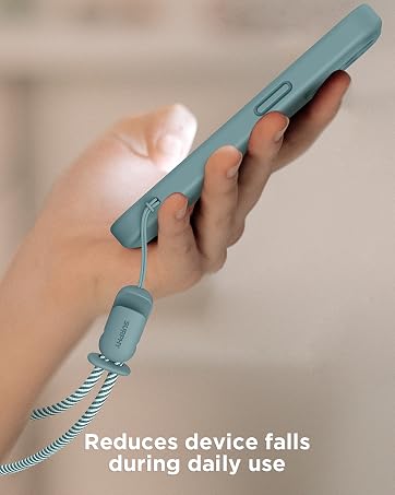 Hand holding teal smartphone case with attached striped wrist strap. Text states 'Reduces device falls during daily use'.