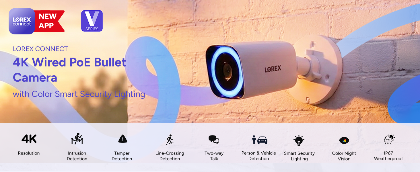 Lorex Connect V5 4K PoE Bullet Cameras with Color Smart Security Lighting - White