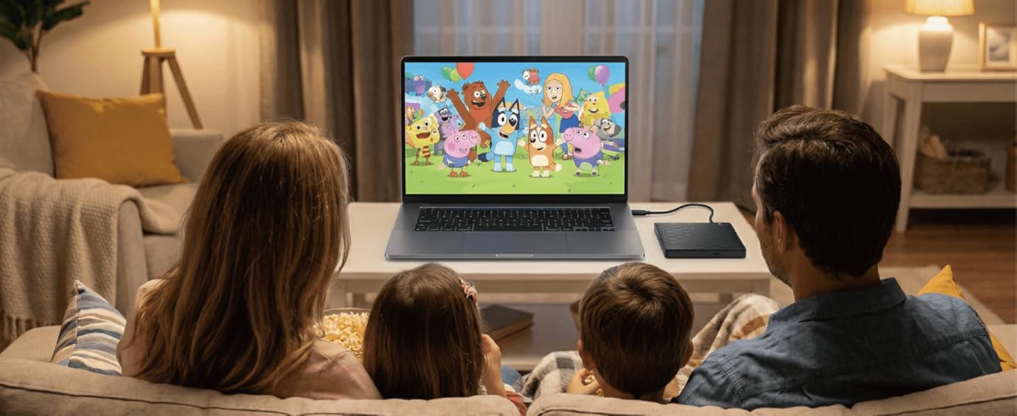 Family?watching?movie?on?laptop?using??External?DVD?Drive?USB?3.2??perfect?for?digital?memories.