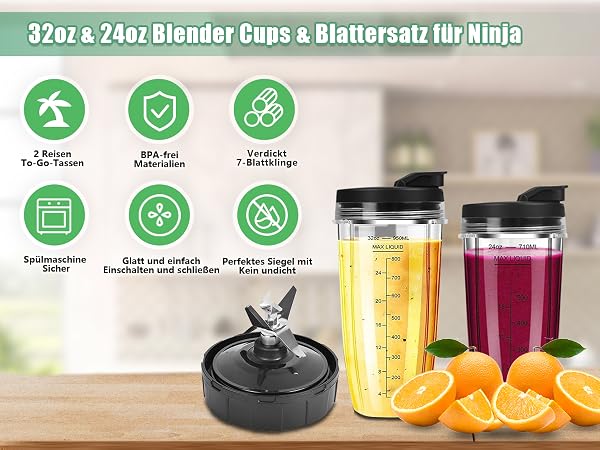 Blender Replacement Parts for Ninja, 24oz Ninja Blender Cups with To-Go Lids