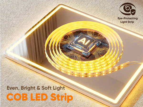 Text reads 'COB LED Strip' and 'Even, Bright &amp; Soft Light'. Shows coiled yellow LED strip illuminated on reflective surface with eco-friendly logo in corner.