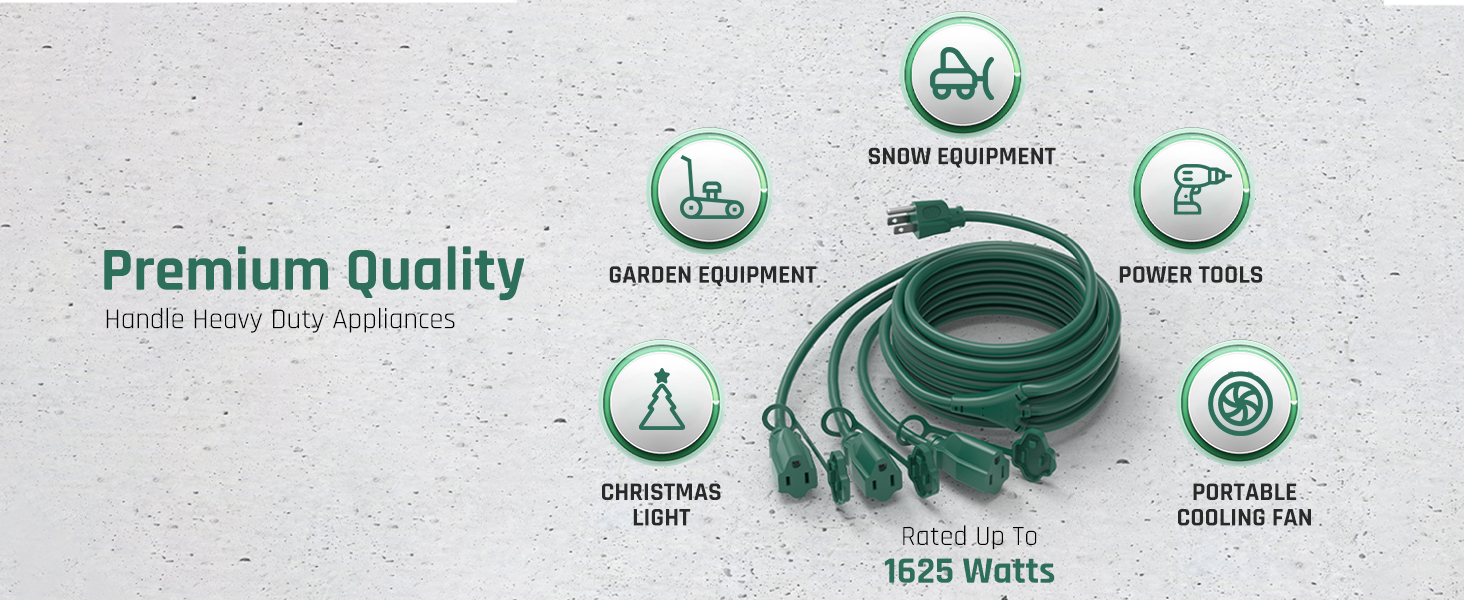 Premium extension cord—1625W, handles snow/garden/power tools, Christmas lights, portable fans.