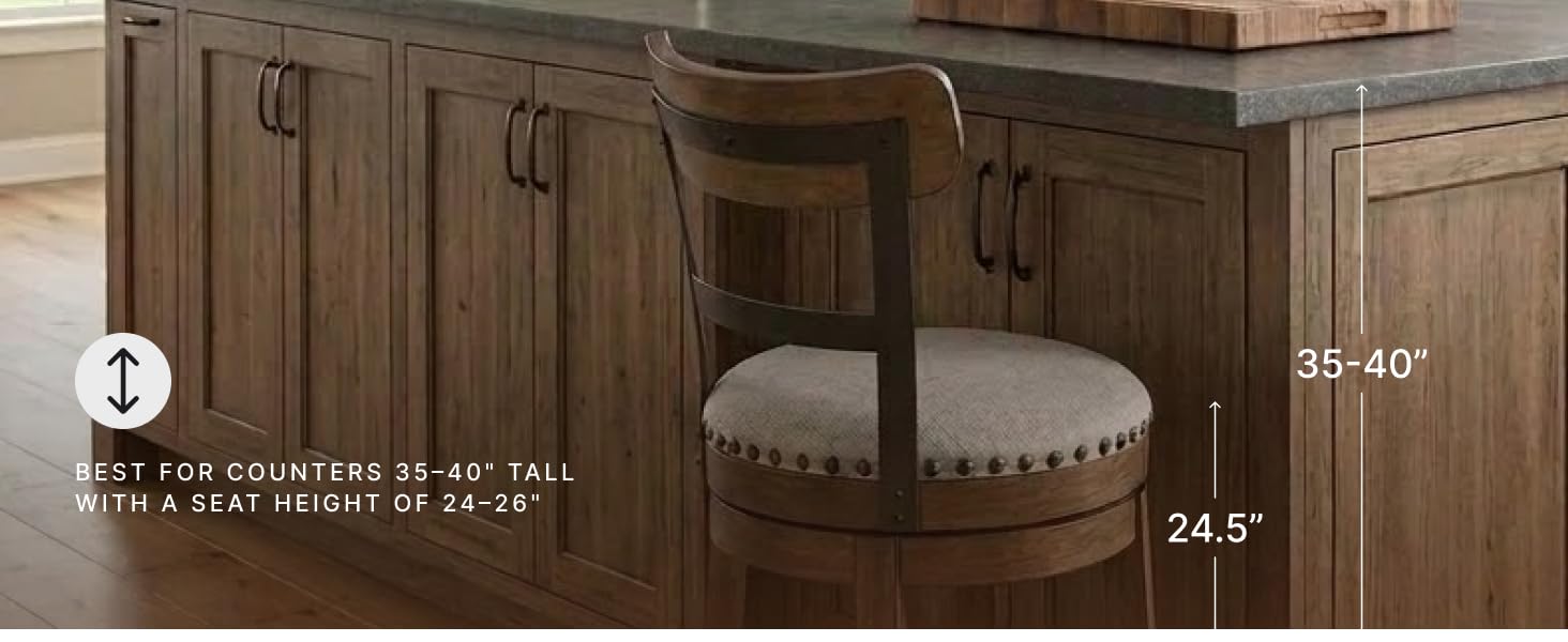 Dining room swiveling barstool showing splayed legs and wood frame construction in brown