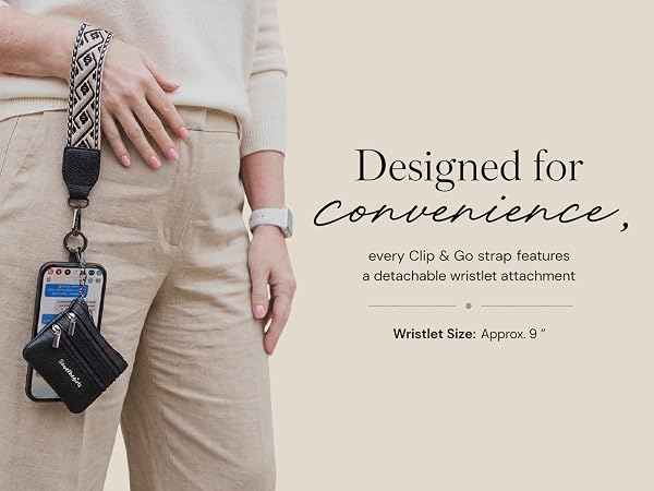 Designed for Convenience. Comes with a detachable wristlet. 