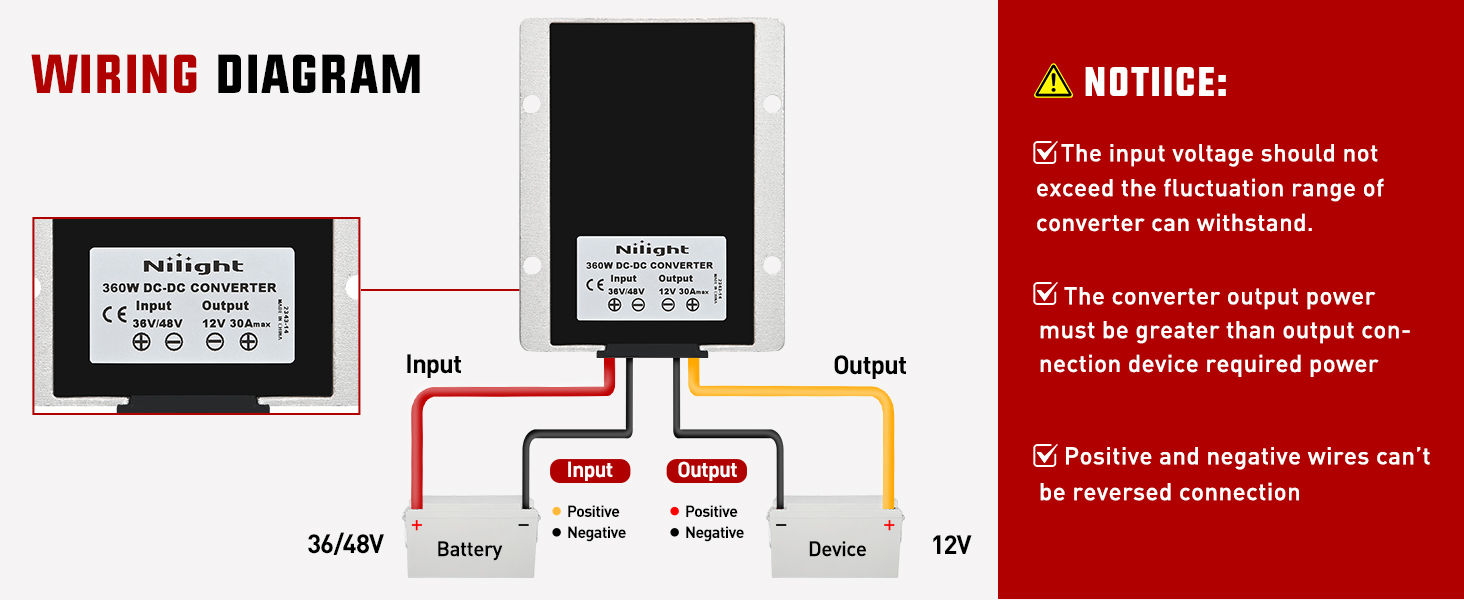 Nilight 360W 48V 36V to 12V 30A DC Converter Regulator Reducer with Fuse 