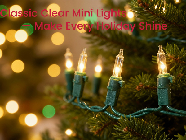 Clear mini incandescent Christmas lights glowing on green wire wrapped around pine branches