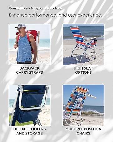 chair features. back pac straps, high seat, storage. on beaches