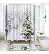 Onalasyc 4-Piece Christmas Shower Curtain Set,Winter Christmas Tree Snowflake Shower Curtains Hol...