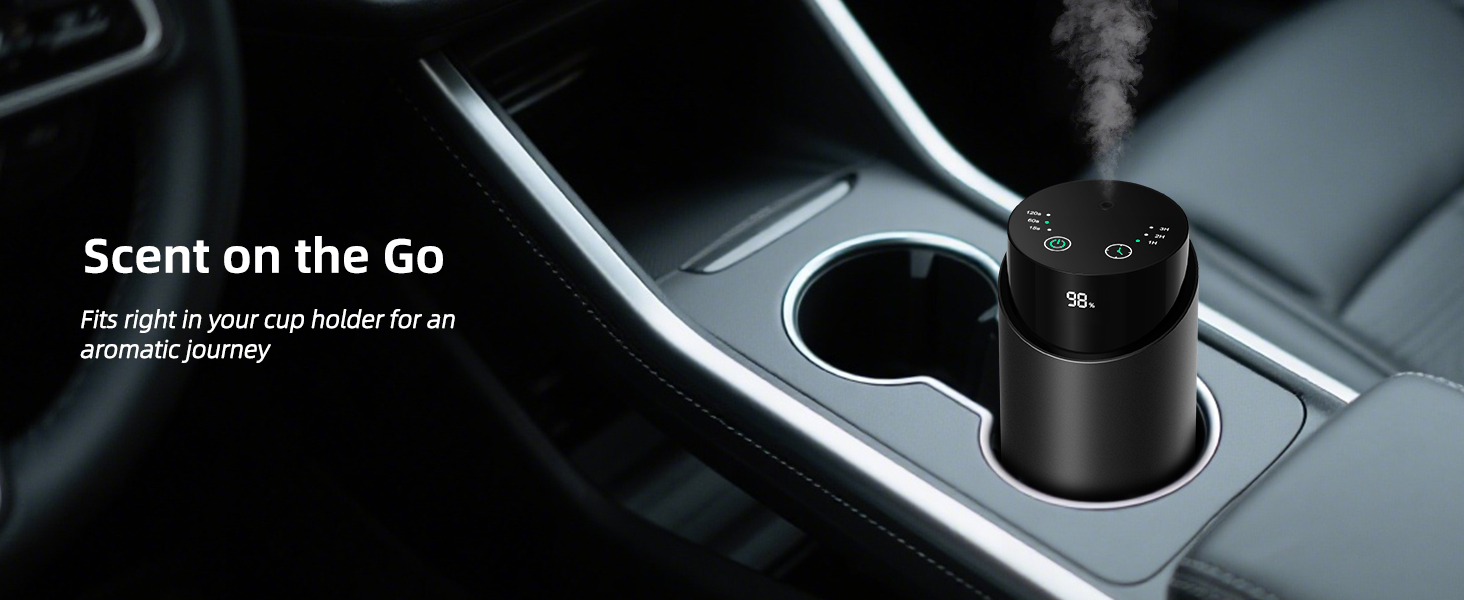 Text reads 'Scent on the Go' showing car accessory mounted in vehicle cup holder or air vent.