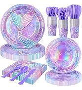 Purple Mermaid Party Tableware Supplies, 168PCS Mermaid Plates Napkins Cups and Purple Cutlery Se...