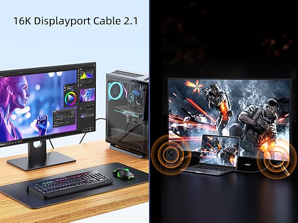 16K Displayport Cable 2.1, DP 2.1 80Gbps Cable Support 16K/10K/ 8K HBR3 4K HDCP DSC 1.2a, HDR10