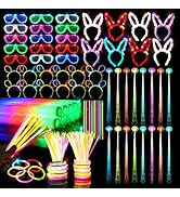 163 PCs Glow Party Supplies, 12 Foam Glow Sticks, 15 LED Glasses,8 Bunny Ear Headband ,100 Glow S...