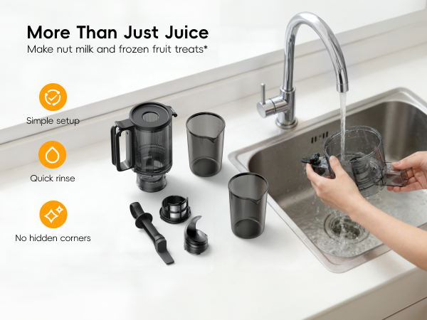 Hands rinsing a removable FORLIM juicing bowl beside disassembled parts and two cups