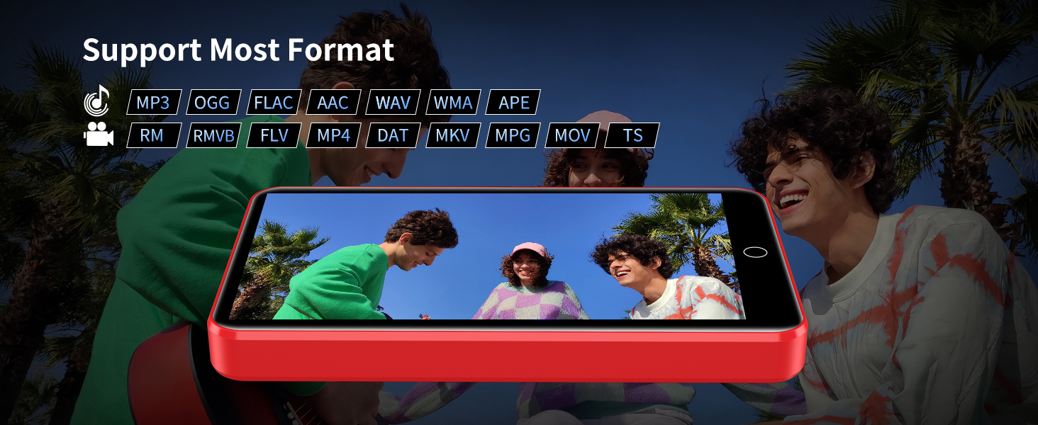 Red-framed device display showing video playback compatibility information with multiple file format icons listed across the top.