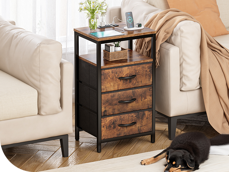 Nightstand with Charging Station, 27.6 Inch Side Table with Fabric Drawers