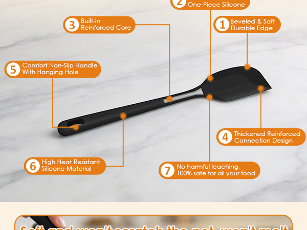 Silicone kitchen utensils with seamless design, reinforced steel core, and sturdy yet flexible heads