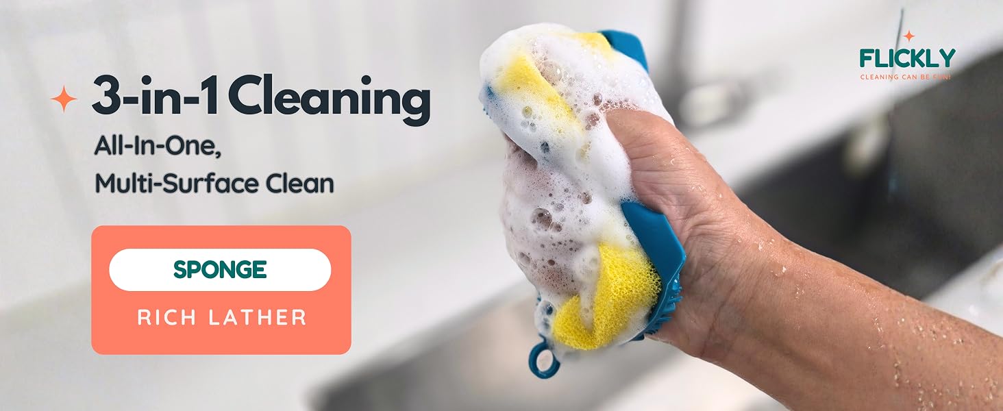 3-in-1 silicone scrubber sponge creating rich lather for multi-surface cleaning