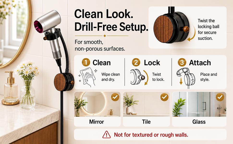 Drill-free suction holder for mirror tile and glass