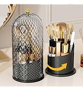 WREWING Diamond Pattern Birdcage Makeup Brush Holder with Cover, 360° Rotating Dust-Proof Organiz...