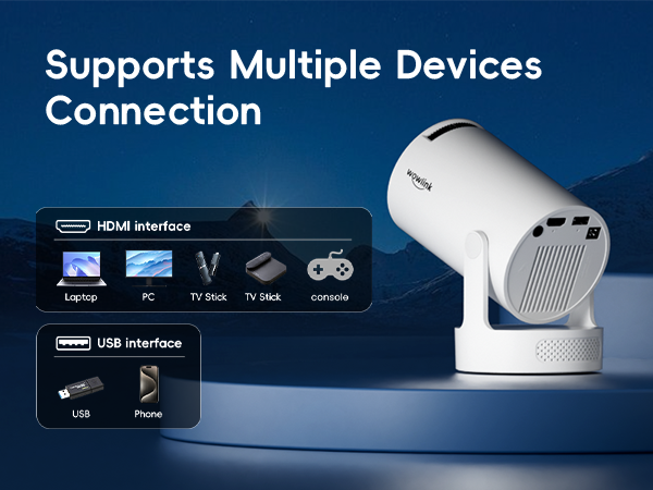 Text reads 'Supports Multiple Devices' and 'Connection'. Interface screenshots showing device connectivity options and menu settings on dark blue background.