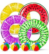 8 Pack Inflatable Pool Floats Kids, 4 Pcs Fruit Swim Tubes Rings and 4 Pcs Beach Balls, Pool Floa...
