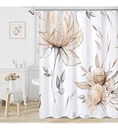 Litabel Light Brown and Grey Boho Watercolor Floral Shower Curtain, Ink Painting Style Blossom &amp; ...