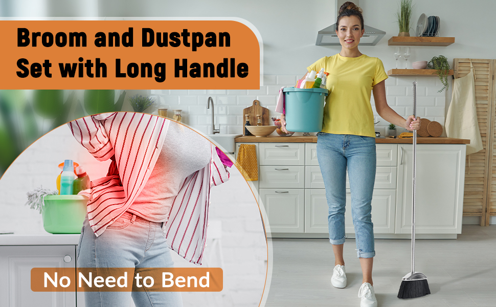 Broom and Dustpan Set for Home, Heavy Duty Dust Pan with Long Handle, Broom for Sweeping Indoor