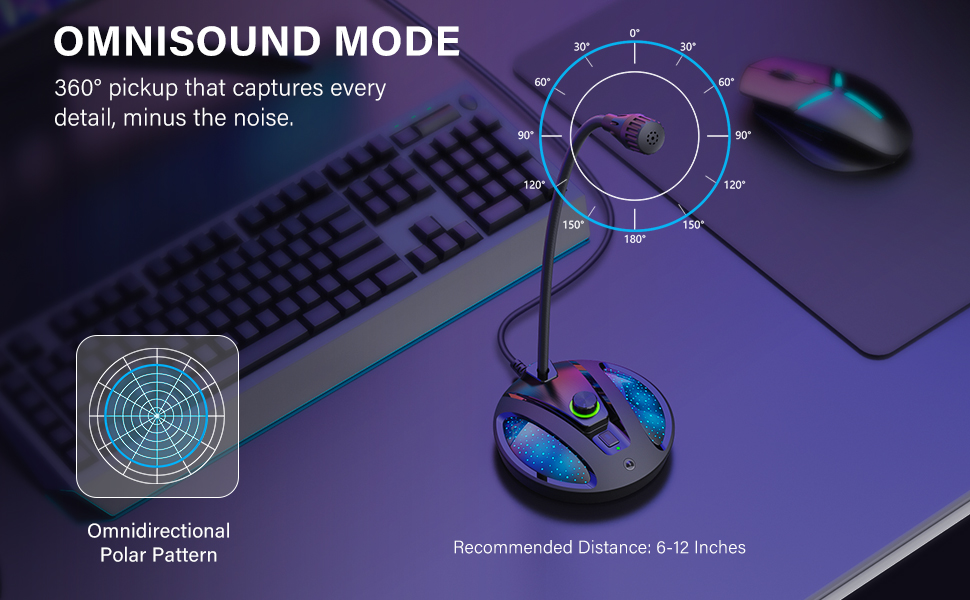 Omnidirectional Polar Pattern Desktop Microphone Recommended Pickup Distance: 6-12 inches