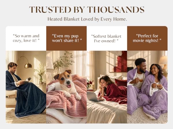 Trusted heated blanket reviews, electric throw for women men seniors pets, cozy home scenes