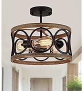 MEIXISUE Semi Flush Mount Farmhouse Ceiling Light Fixtures,3-Lights Black and Retro Wood Finish,D...