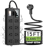 VNJ Outdoor Power Strip with 8AC Outlets + 4USB Ports, IPX6 Waterproof Surge Protector, Safety Lo...