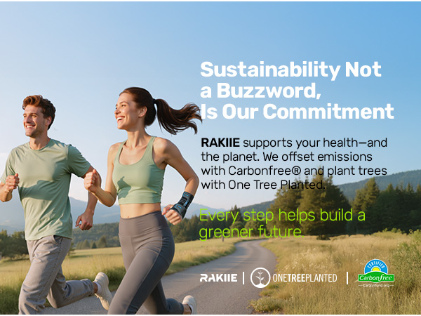 Athletic scene with sustainability message featuring 'Rakiie' branding and 'One Tree Planted' partnership logos against outdoor running backdrop.