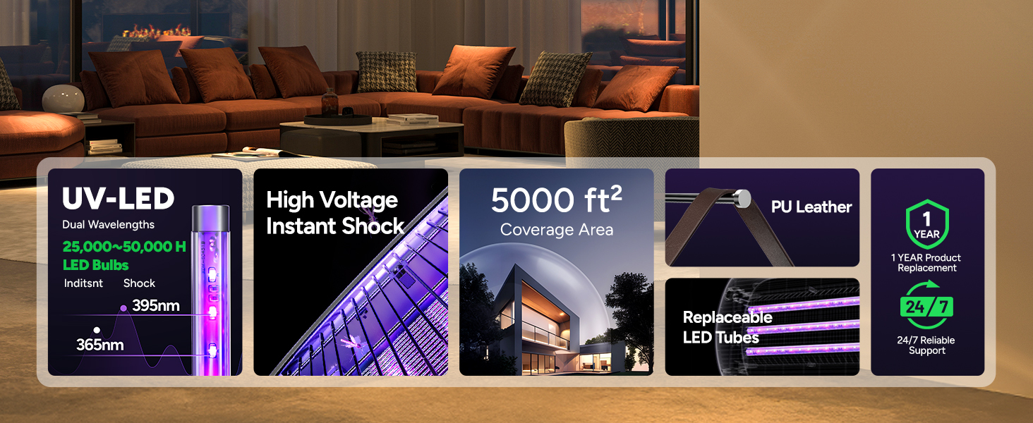 Our bug zappers use 5W low-energy consumption LED tubes, boasting a long lifespan of up to 10 years.