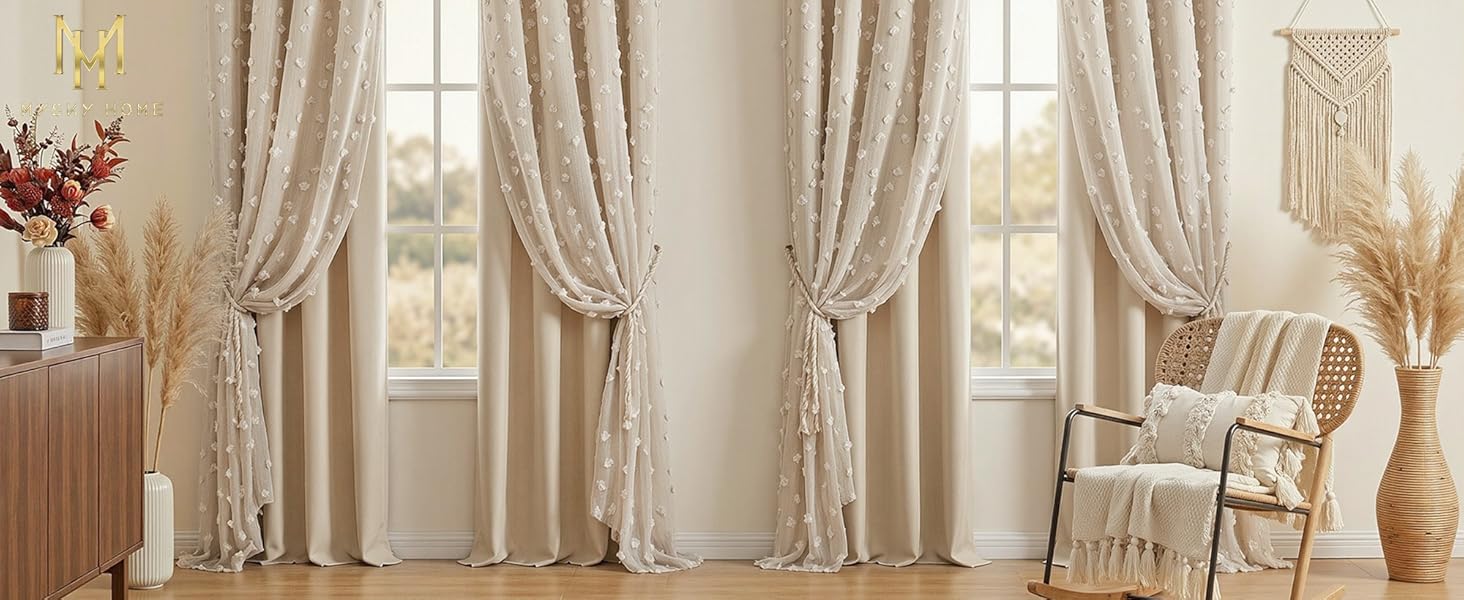 MYSKY HOME Beige Pom Pom Sheer and White Curtains