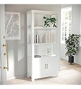 Martha Stewart Hutton Four Tier Shaker Bookcase with Storage Cabinet in White with Polished Brass...