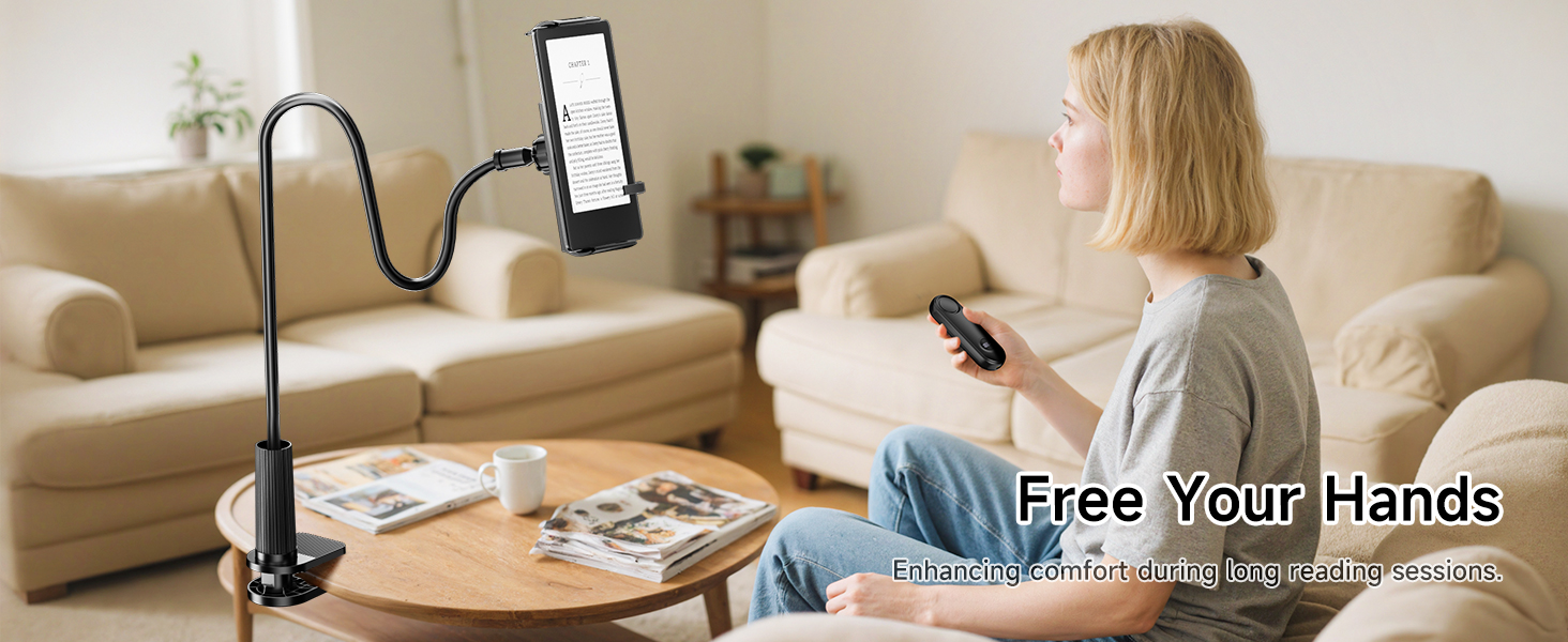 Text reads 'Image 4' and 'Free Your Hands'. Flexible phone holder with gooseneck mount demonstrated in living room setting with couch and decor.