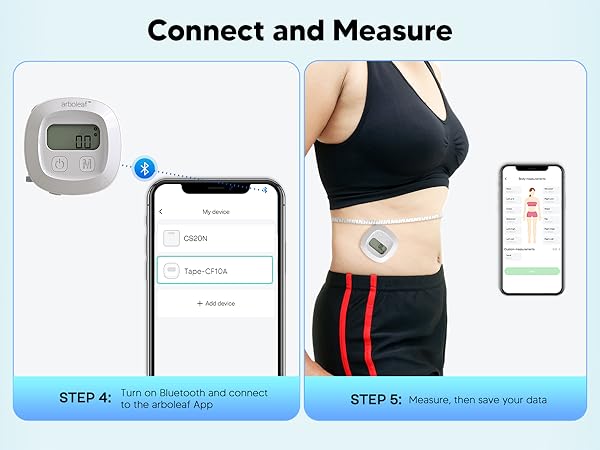 Body tape measure connects to app via Bluetooth for measuring and saving your custom body data.