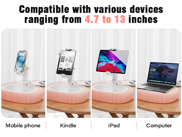 Text reads 'Compatible with various devices ranging from 4.7 to 13 inches', 'Mobile phone', 'Kindle', 'iPad', 'Computer'. Pink stand holding various devices demonstrating compatibility with smartphone, e-reader, tablet, and laptop.