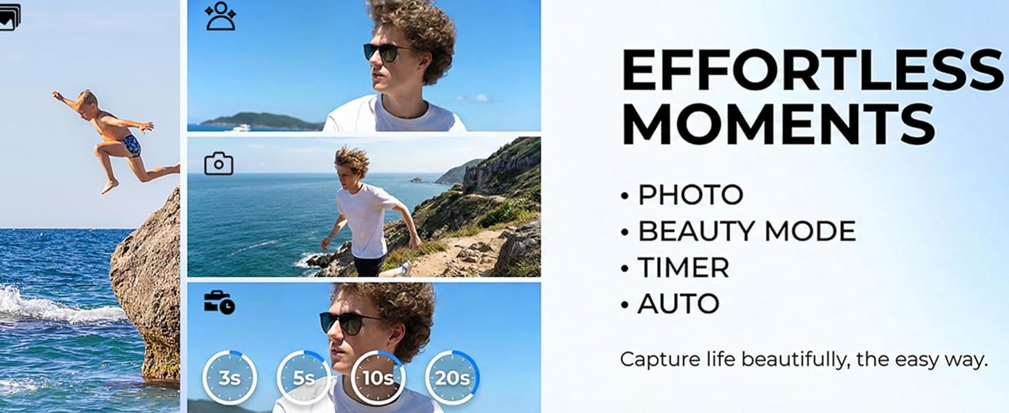 Text reads 'EFFORTLESS MOMENTS • PHOTO • BEAUTY MODE • TIMER • AUTO Capture life beautifully, the easy way.' Multiple coastal lifestyle photos shown with camera interface elements.