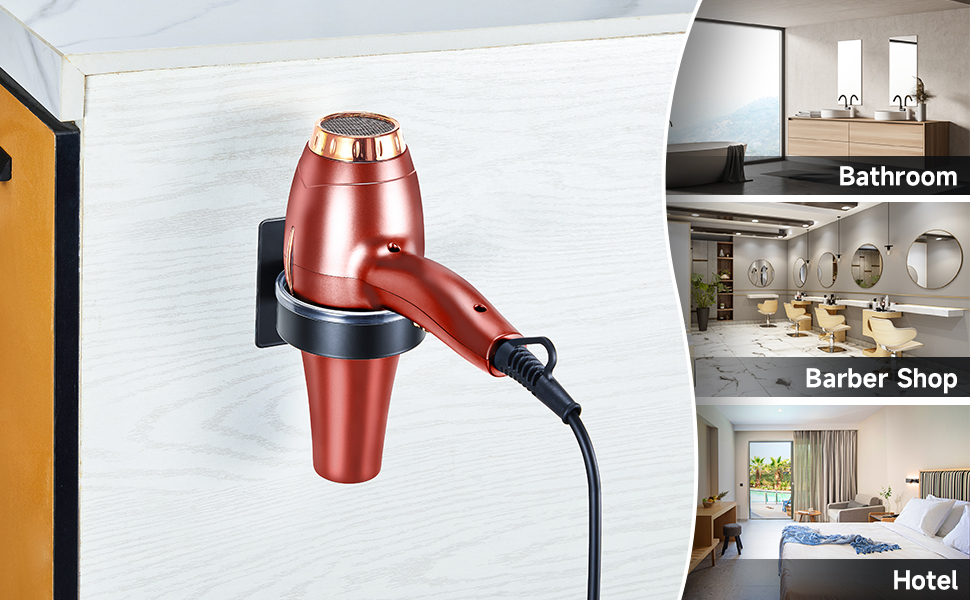 Wall-mounted hair dryer holder in metallic red and black, shown with a hair dryer. Adjacent images showcase potential usage locations: bathroom, barber shop, and hotel.