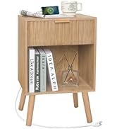 Fultyle Wood Nightstand with Charging Station, Bedside Table with Fluted Drawers and Outlet, Boho...