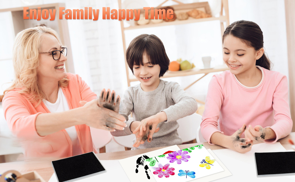 a mother and her children playing with a tablet.