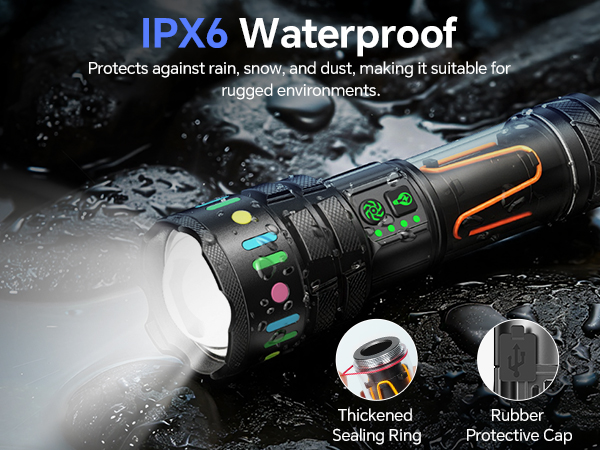 Text reads: 'IPX6 Waterproof', 'Protects against rain, snow and dust, making it suitable for outdoor'. Flashlight product demonstration showing water resistance features.