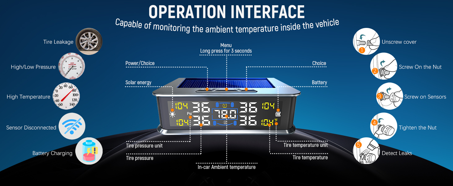 Tire Pressure Monitoring System - TPMS with Solar &amp;amp; USB Charger