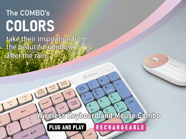 rainbow colorful wireless keyboard and mouse combo