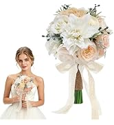 Wedding Bouquet for Bride - 8 Inch Realistic Artificial Silk Flowers Rose &amp; Peony, Handmade Rusti...