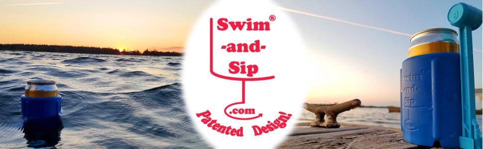 Swim and Sip logo centered with product floating at left and placed flat on a dock at right